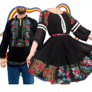 Set Cuplu Traditional 302 Camasa Traditionala si Rochie cu motive traditionale imagine