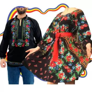 Set Cuplu Traditional 303 Camasa Traditionala si Rochie cu motive traditionale imagine