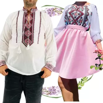 Set Cuplu Traditional 305 Camasa Traditionala si Rochie cu motive traditionale imagine