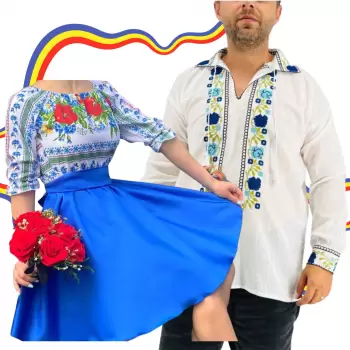 Set Cuplu Traditional 306 Camasa Traditionala si Rochie cu motive traditionale imagine