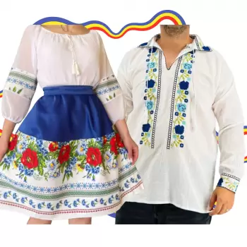 Set Cuplu Traditional 308 Camasa Traditionala si Rochie cu motive traditionale imagine