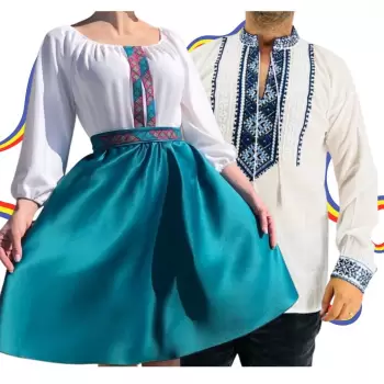 Set Cuplu Traditional 309 Camasa Traditionala si Rochie cu motive traditionale imagine