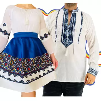 Set Cuplu Traditional 310 Camasa Traditionala si Rochie cu motive traditionale imagine