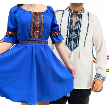Set Cuplu Traditional 311 Camasa Traditionala si Rochie cu motive traditionale imagine
