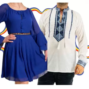 Set Cuplu Traditional 313 Camasa Traditionala si Rochie cu motive traditionale imagine