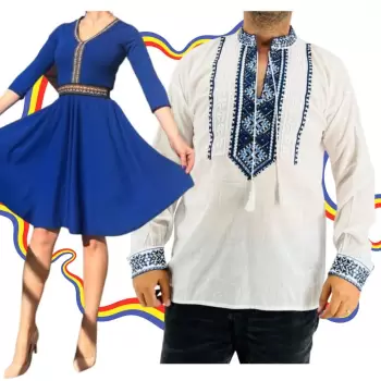 Set Cuplu Traditional 314 Camasa Traditionala si Rochie cu motive traditionale imagine