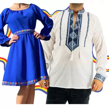 Set Cuplu Traditional 315 Camasa Traditionala si Rochie cu motive traditionale imagine