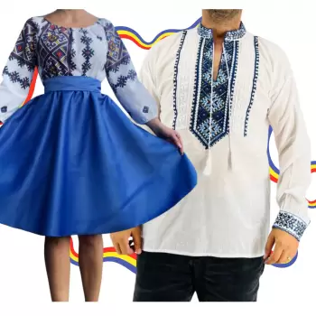 Set Cuplu Traditional 316 Camasa Traditionala si Rochie cu motive traditionale imagine