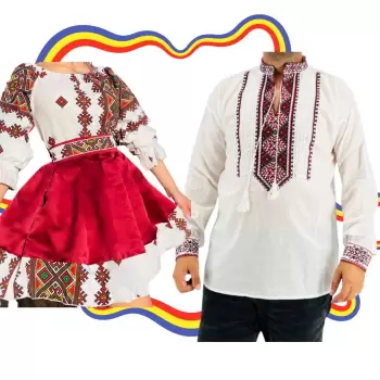 Set Cuplu Traditional 318 Camasa Traditionala si Rochie cu motive traditionale imagine