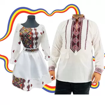 Set Cuplu Traditional 319 Camasa Traditionala si Rochie cu motive traditionale imagine