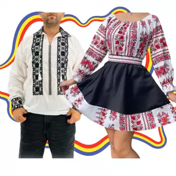 Set Cuplu Traditional 321 Camasa Traditionala si Rochie cu motive traditionale imagine