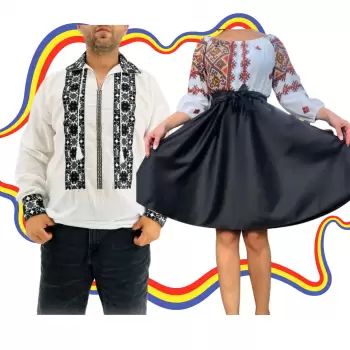 Set Cuplu Traditional 324 Camasa Traditionala si Rochie cu motive traditionale imagine