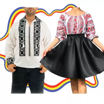 Set Cuplu Traditional 326 Camasa Traditionala si Rochie cu motive traditionale imagine