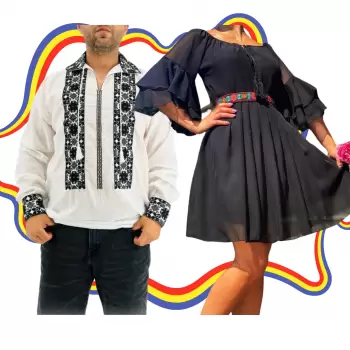 Set Cuplu Traditional 328 Camasa Traditionala si Rochie cu motive traditionale imagine