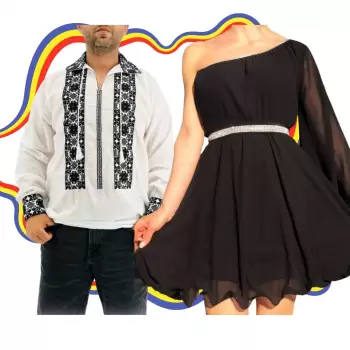 Set Cuplu Traditional 329 Camasa Traditionala si Rochie cu motive traditionale imagine