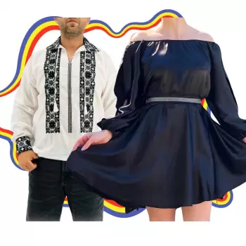 Set Cuplu Traditional 330 Camasa Traditionala si Rochie cu motive traditionale imagine