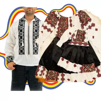 Set Cuplu Traditional 331 Camasa Traditionala si Rochie cu motive traditionale imagine