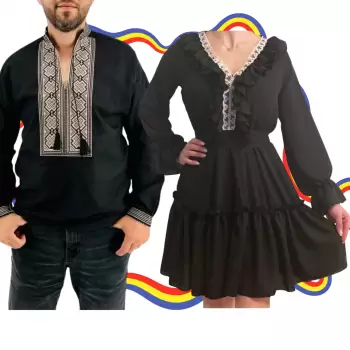 Set Cuplu Traditional 332 Camasa Traditionala si Rochie cu motive traditionale imagine