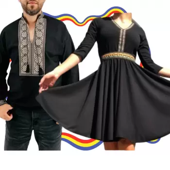 Set Cuplu Traditional 333 Camasa Traditionala si Rochie cu motive traditionale imagine