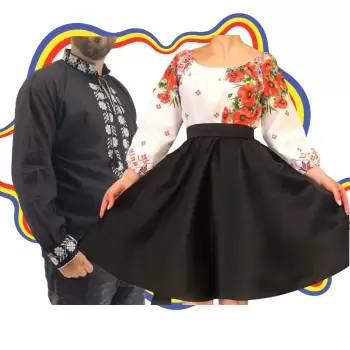 Set Cuplu Traditional 336 Camasa Traditionala si Rochie cu motive traditionale imagine