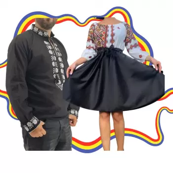 Set Cuplu Traditional 337 Camasa Traditionala si Rochie cu motive traditionale imagine