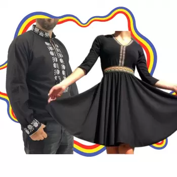 Set Cuplu Traditional 338 Camasa Traditionala si Rochie cu motive traditionale imagine