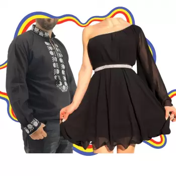 Set Cuplu Traditional 339 Camasa Traditionala si Rochie cu motive traditionale imagine