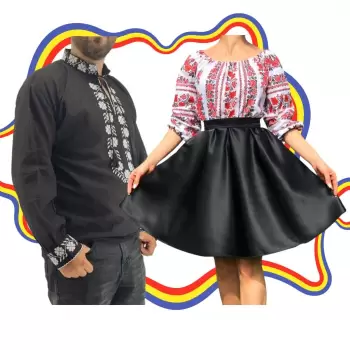 Set Cuplu Traditional 340 Camasa Traditionala si Rochie cu motive traditionale imagine