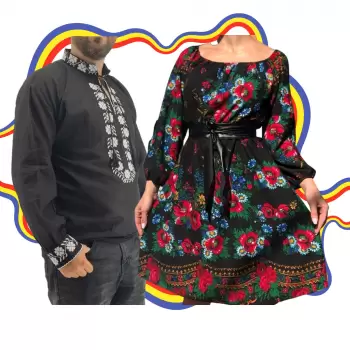 Set Cuplu Traditional 341 Camasa Traditionala si Rochie cu motive traditionale imagine