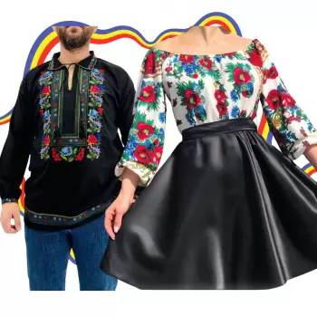 Set Cuplu Traditional 342 Camasa Traditionala si Rochie cu motive traditionale imagine