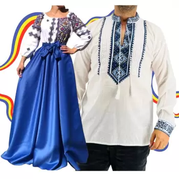Set Cuplu Traditional 345 Camasa Traditionala si Rochie cu motive traditionale imagine