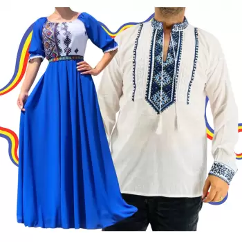 Set Cuplu Traditional 346 Camasa Traditionala si Rochie cu motive traditionale imagine