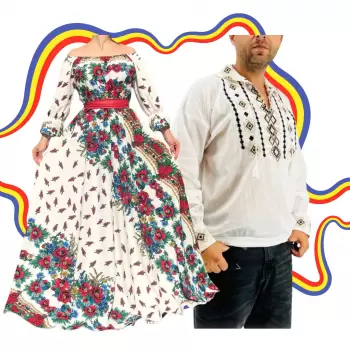 Set Cuplu Traditional 348 Camasa Traditionala si Rochie cu motive traditionale imagine