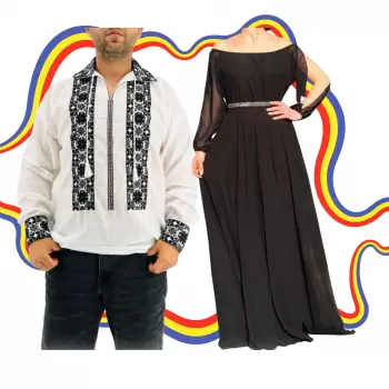 Set Cuplu Traditional 350 Camasa Traditionala si Rochie cu motive traditionale imagine