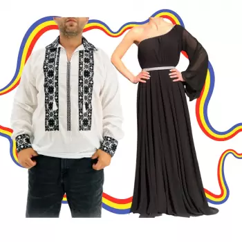 Set Cuplu Traditional 352 Camasa Traditionala si Rochie cu motive traditionale imagine