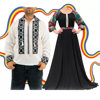 Set Cuplu Traditional 353 Camasa Traditionala si Rochie cu motive traditionale imagine