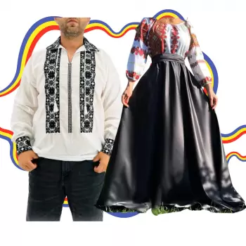 Set Cuplu Traditional 354 Camasa Traditionala si Rochie cu motive traditionale imagine