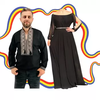 Set Cuplu Traditional 355 Camasa Traditionala si Rochie cu motive traditionale imagine