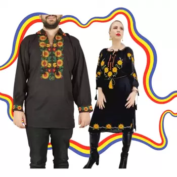 Set Cuplu Traditional 376 Camasa Traditionala si Rochie Traditionala imagine