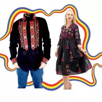 Set Cuplu Traditional 377 Camasa Traditionala si Rochie Traditionala imagine