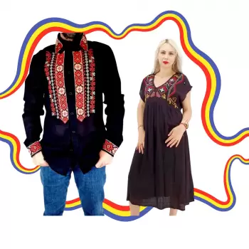 Set Cuplu Traditional 378 Camasa Traditionala si Rochie Traditionala imagine