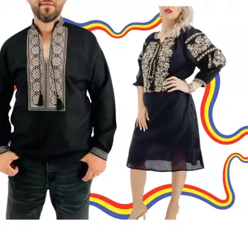 Set Cuplu Traditional 379 Camasa Traditionala si Rochie Traditionala imagine