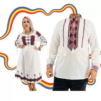 Set Cuplu Traditional 387 Camasa Traditionala si Rochie Traditionala imagine
