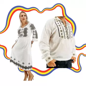 Set Cuplu Traditional 388 Camasa Traditionala si Rochie Traditionala imagine