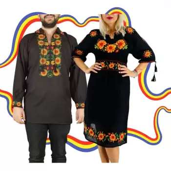 Set Cuplu Traditional 390 Camasa Traditionala si Rochie Traditionala imagine