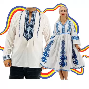 Set Cuplu Traditional 391 Camasa Traditionala si Rochie Traditionala imagine
