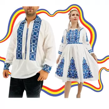 Set Cuplu Traditional 392 Camasa Traditionala si Rochie Traditionala imagine