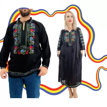 Set Cuplu Traditional 395 Camasa Traditionala si Rochie Traditionala imagine