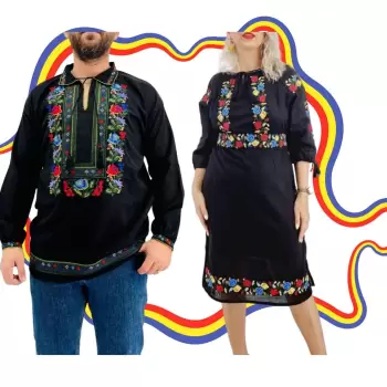 Set Cuplu Traditional 396 Camasa Traditionala si Rochie Traditionala imagine