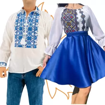 Set Cuplu Traditional 401 Camasa Traditionala si Rochie cu motive traditionale imagine